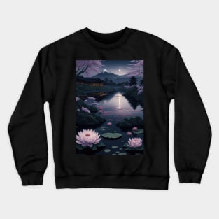 Serene Mount Fuji Sunset - Peaceful River Scenery - Lotus Flowers Crewneck Sweatshirt